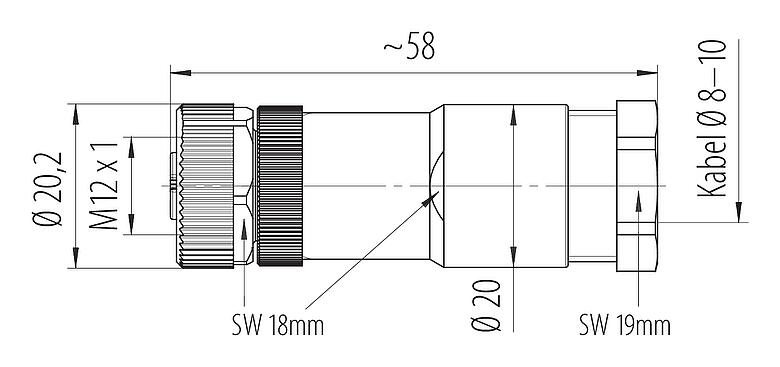 Maßzeichnung M12 Kabeldose, Polzahl: 3+PE, 8,0-10,0 mm, ungeschirmt, schraubklemm, IP67, UL 2238, VDE