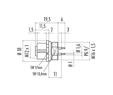 Scale drawing 86 0134 0000 00005 - M12 Female panel mount connector, Contacts: 5, unshielded, THT, IP68, UL, PG 9