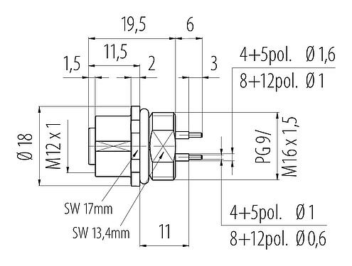 Scale drawing M12 Female panel mount connector, Contacts: 5, unshielded, THT, IP68, UL 2238, PG 9, Front mounting