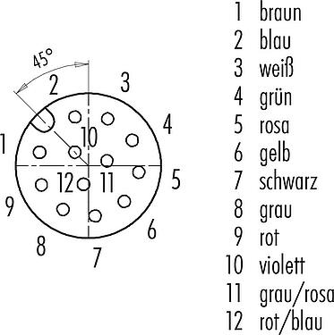 Polbild (Steckseite) M12 Flanschdose, Polzahl: 12, ungeschirmt, Litzen, IP68, UL 2238, PG 9, Frontmontage, vergossen