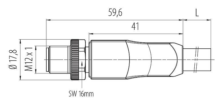 Масштабный чертеж M12 Кабельный штекер, Количество полюсов: 4+FE, не экранированный, формовка на кабеле, IP68, UL 2238, M12x1,0, PUR, черный, 5 x 2,50 мм², 5 м