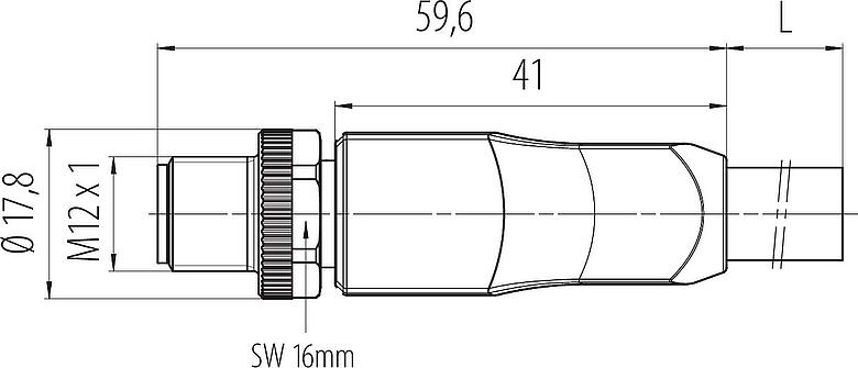 Dessin coté M12 Connecteur mâle, Contacts: 4+FE, non blindé, surmoulé sur le câble, IP68, UL 2238, M12x1,0, PUR, noir, 5 x 2,50 mm², 2 m