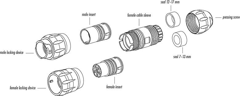 Descrizione dell’articolo Baionetta Connettore cavo maschio, Numero poli: 12, 7,0-13,0 mm, non schermato, crimpare (I contatti a crimpare devono essere ordinati separatamente), IP68/IP69K, UL 2238, VDE, UV-Beständig