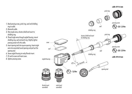 Assembly instructions 99 1525 822 04 - M12 Male angled connector, Contacts: 4, 6.0-8.0 mm, shieldable, wire clamp, IP67