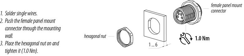 Összeszerelési utasítás M8 panelre szerelhető foglalat, : 3, kézi forrasztású, IP67/IP69K, M10x0,75, hátsó panel felszerelés, forrasztócsészékkel