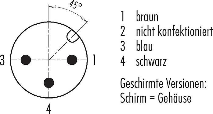 Polbild (Steckseite) M12 Kabelstecker, Polzahl: 3, geschirmt, am Kabel angespritzt, IP67, UL 2238, PVC, grau, 3 x 0,34 mm², 2 m