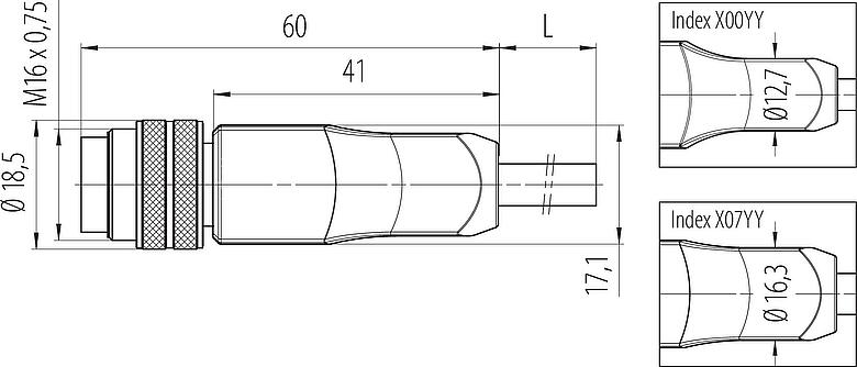 스케일 드로잉 M16 케이블 커넥터, 콘택트 렌즈: 7 (07-a), 쉴드, 케이블에 몰딩, IP67, PUR, 검정, 7x0.25mm², 2m