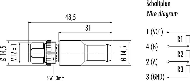 Schaaltekening M12 Afsluitweerstand male, aantal polen: 4, onafgeschermd, IP69K, Profibus, PUR