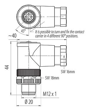 스케일 드로잉 99 0429 165 04 - M12 각진 플러그, 콘택트 렌즈: 4, 6.0-8.0mm, 차폐되지 않음, 나사 클램프, IP67