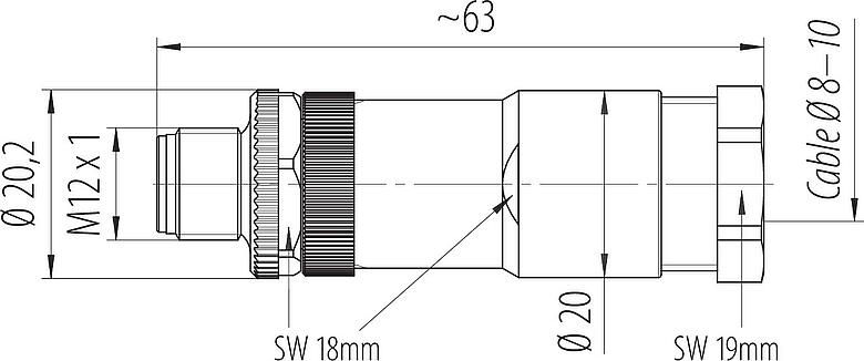Schaaltekening M12 Kabelstekker, aantal polen: 2+PE, 8,0-10,0 mm, onafgeschermd, schroefklem, IP67, UL 2238