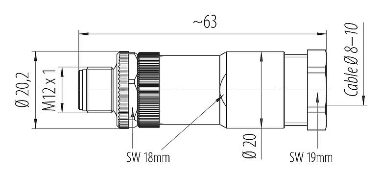 Dibujo a escala M12 Conector de cable macho, Número de contactos: 2+PE, 8,0-10,0 mm, sin blindaje, tornillo extraíble, IP67, UL 2238