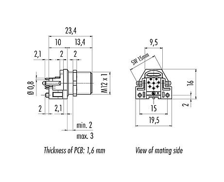 Méretarányos rajz M12 panelre szerelhető csatlakozó, : 8, árnyékolatlan, THR, IP68, UL 2238, M12x1,0, hátsó panel felszerelés, PCB szereléshez