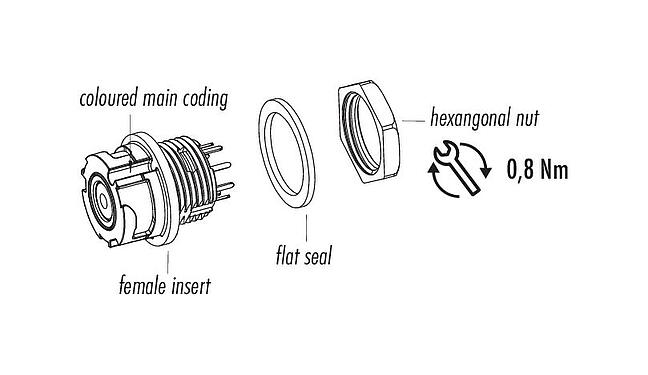 Component part drawing Bayonet Female panel mount connector, Contacts: 8, unshielded, solder, IP67, M13x1,0, Front mounting