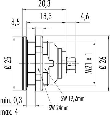 Desenho da escala Push Pull Bujão flangeado, Contatos: 4, desprotegido, solda, IP67, M21x1,0, Montagem frontal
