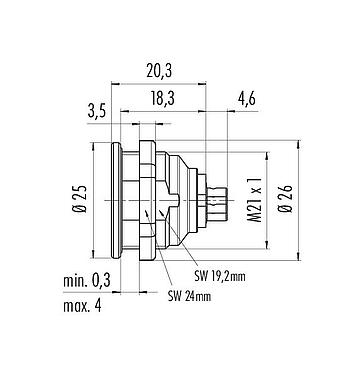 Maßzeichnung Push Pull Flanschstecker, Polzahl: 4, ungeschirmt, löten, IP67, M21x1,0, Frontmontage