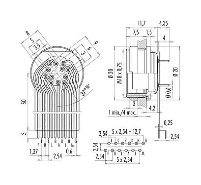 Verbinding & afmetingen 09 0132 66 12 - M16 Female panel mount connector, aantal polen: 12 (12-a), onafgeschermd, THT, IP67, aan voorkant verschroefbaar
