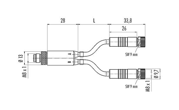 Schaaltekening M8 Kabelsplitter male - 2 kabeldozen, aantal polen: 4/3, onafgeschermd, aan de kabel aangegoten, IP67, UL 2238, PUR, zwart, 3 x 0,34 mm², 1 m