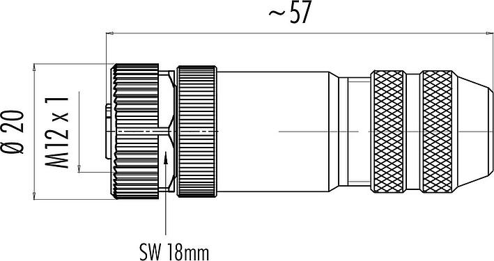 縮尺図 M12 メスケーブルコネクタ, 極数: 4, 6.0-8.0mm, シールド可能, ねじ圧着, IP67, UL 2238, シールドリング付き