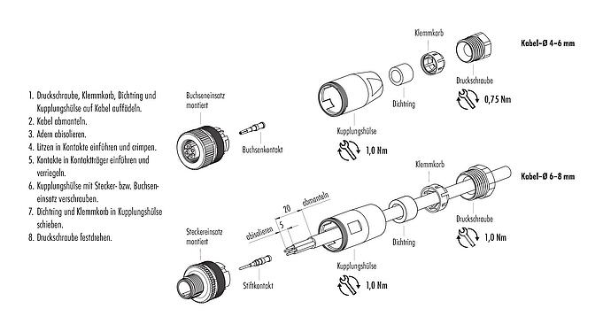 Montageanleitung M12 Kabelstecker, Polzahl: 4, 6,0-8,0 mm, ungeschirmt, crimpen (Crimpkontakte müssen separat bestellt werden), IP67, UL 2238