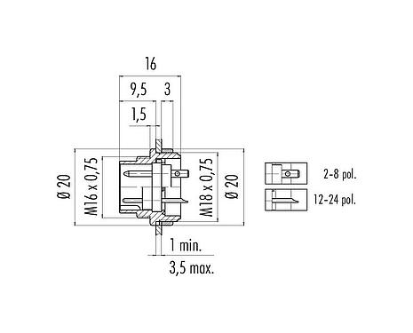 Scale drawing M16 Male panel mount connector, Contacts: 14 (14-b), unshielded, solder, IP40, M18x0,75, Front mounting
