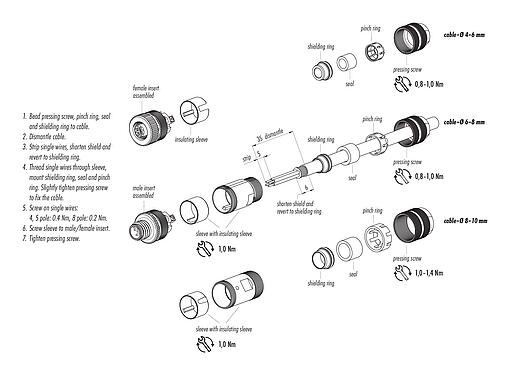 組裝說明 M12 直頭針頭電纜連接器, : 5, 8.0-10.0mm, 可接遮罩, 螺釘接線, IP67, UL 2238, 附防護環
