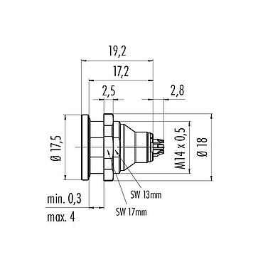 Dessin coté Push Pull Embase mâle, Contacts: 3, non blindé, souder, IP40, M14x0,5, Montage frontal