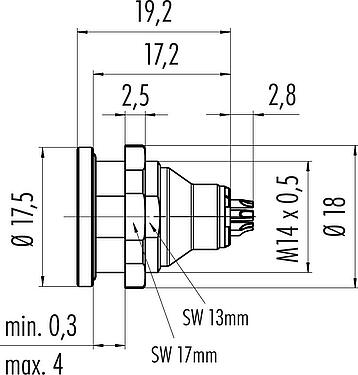 Desenho da escala Push Pull Bujão flangeado, Contatos: 4, desprotegido, solda, IP40, M14x0,5, Montagem frontal
