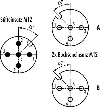 Polbild (Steckseite) M12 Zweifachverteiler, Y-Verteiler, Stecker - 2 Dosen, Polzahl: 5/4, ungeschirmt, steckbar, IP68, UL 2238