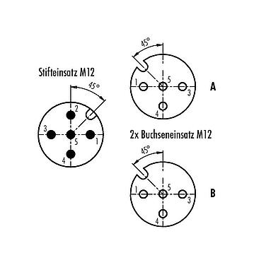 Polbild (Steckseite) M12 Zweifachverteiler, Y-Verteiler, Stecker - 2 Dosen, Polzahl: 5/4, ungeschirmt, steckbar, IP68, UL 2238
