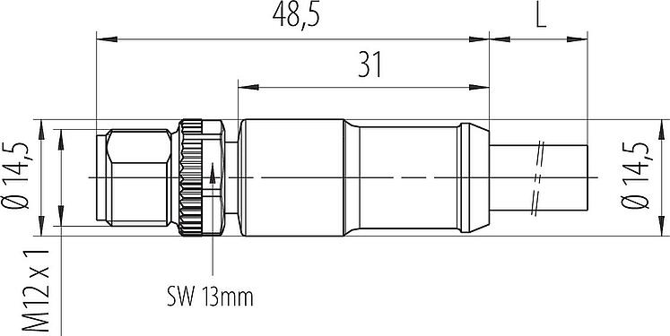Méretarányos rajz M12 Kábelre szerelhető csatlakozó, : 4, árnyékolatlan, kábelre öntött, IP68, UL 2238, PUR, fekete, 4 x 1,50 mm², 2 m