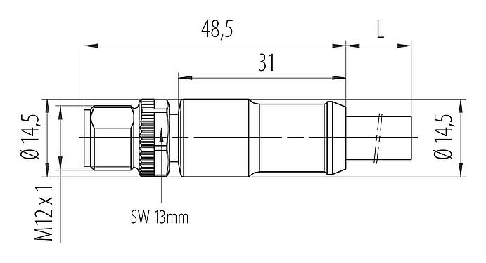 Maßzeichnung M12 Kabelstecker, Polzahl: 4, ungeschirmt, am Kabel angespritzt, IP68, UL 2238, PUR, schwarz, 4 x 1,50 mm², 5 m