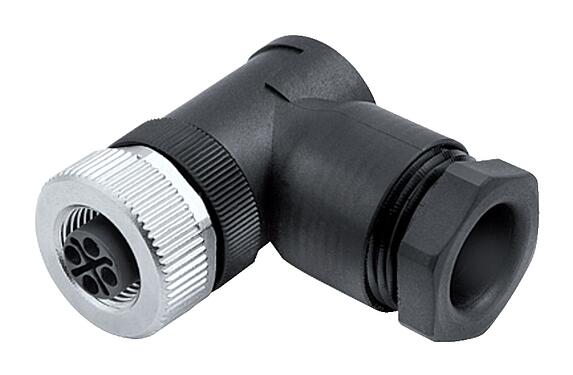 Ilustracja M12 Zeńskie złącze kablowe kątowe, Kontaktów: 3+PE, 8,0-10,0 mm, nieekranowany, zacisk śrubowy, IP67, UL 2238, VDE