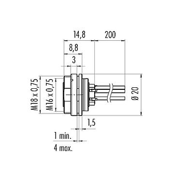 縮尺図 M16 メスパネルマウントコネクタ, 極数: 8 (08-a), 非シールド, 単線, IP40, M18x0,75, 背面パネルマウント