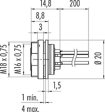 Scale drawing M16 Female panel mount connector, Contacts: 7 (07-a), unshielded, single wires, IP40, M18x0,75, Rear mounting