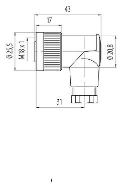 Schaaltekening M18 Female haakse connector, aantal polen: 4, 6,5-8,0 mm, onafgeschermd, schroefklem, IP67