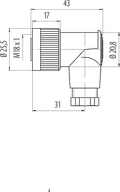 Schaaltekening M18 Female haakse connector, aantal polen: 4, 6,5-8,0 mm, onafgeschermd, schroefklem, IP67