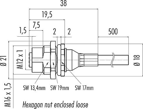 Scale drawing M12 Female panel mount connector, Contacts: 5, shielded, with cable assembled, IP68, M16x1.5, PUR, black, 5 x 0.25 mm², Rear mounting, 0.5 m