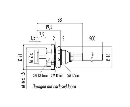 Výkres v měřítku M12 Přírubová zásuvka, : 5, stíněné, se smontovaným kabelem, IP68, M16x1,5, PUR, černá, 5 x 0,25 mm², Montáž na zadní stěnu, 0,5 m
