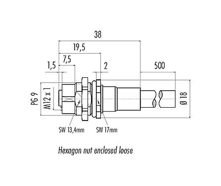 Výkres v měřítku M12 Přírubová zásuvka, : 8, stíněné, se smontovaným kabelem, IP68, PG 9, PUR, 8 x 0,25 mm², Montáž na zadní stěnu, 0,5 m