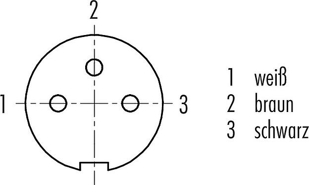 Polbild (Steckseite) M9 Kabeldose, Polzahl: 3, geschirmt, am Kabel angespritzt, IP67, PUR, schwarz, 5 x 0,25 mm², 2 m