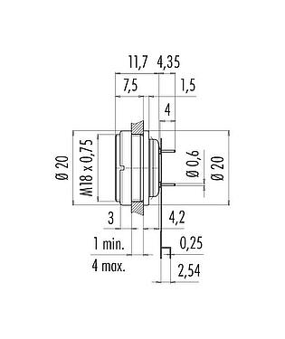 Schaaltekening M16 Female panel mount connector, aantal polen: 12 (12-a), onafgeschermd, THT, IP67, M18x0,75, Achterwandmontage