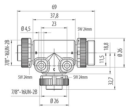 Schaaltekening 7/8" Tweevoudige verdeler, aantal polen: 3, onafgeschermd, IP68