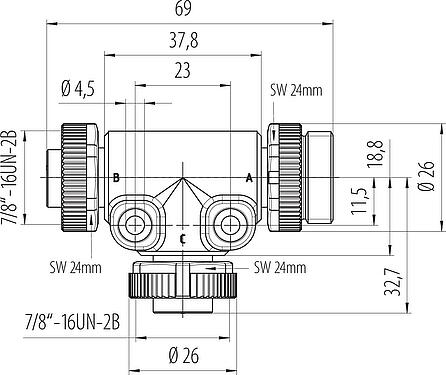 Bản vẽ tỷ lệ 7/8" Bộ chia đôi, Số lượng cực : 5, không có chống nhiễu, IP68