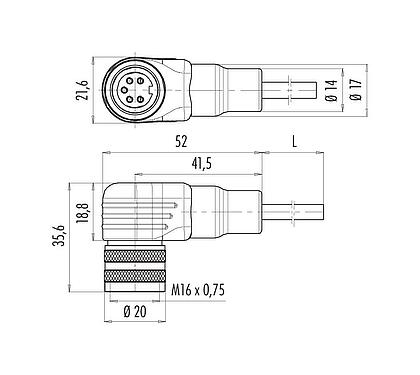 Disegno in scala M16 Connettore angolare femmin, Numero poli: 5 (05-a), non schermato, stampato sul cavo, IP67, PUR, nero, 5 x 0,25 mm², 2 m