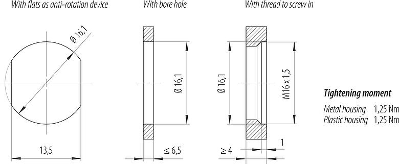 Lắp ráp mẫu M12 Ổ cắm gắn bảng, Số lượng cực : 5, không có chống nhiễu, dây đơn, IP68, UL 2238, M16x1,5, Chốt trung tâm, có thể vặn từ phía trước, túp lều