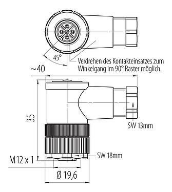 Maßzeichnung M12 Winkeldose, Polzahl: 4, 4,0-6,0 mm, ungeschirmt, schraubklemm, IP67, UL 2238