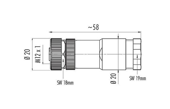 Disegno in scala M12 Connettore duo cavo femmina, Numero poli: 4, 2.1-3.0 mm (2 cavo) o 4-5 mm (2 cavo), non schermato, morsetto a vite, IP67, UL 2238