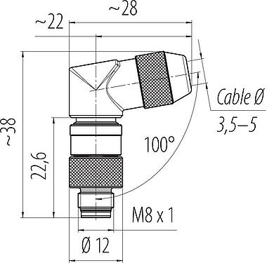 縮尺図 M8 オスアングルコネクタ, 極数: 3, 3.5-5.0mm, シールド可能, はんだ, IP67, UL 2238