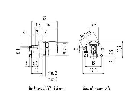 比例圖 M12 孔頭法蘭座, : 5, 非遮罩, THR, IP68, UL 2238, M12x1.0, 板前安裝, 用於PCB組裝