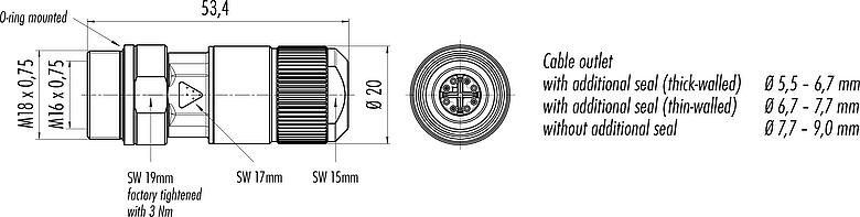 縮尺図 M16 メスケーブルコネクタ, 極数: 8, 5.5-9.0mm, シールド可能, IDC, IP67